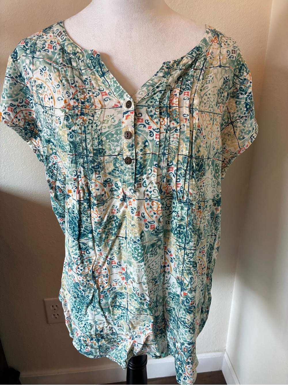 Sonoma Lightweight Printed Short-Sleeve Women's Top - Teal & Cream